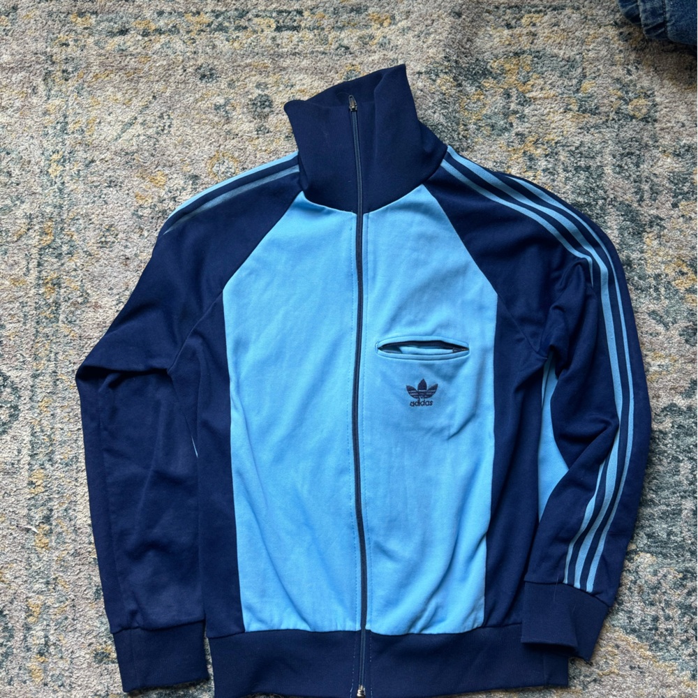 80s Adidas Navy and Light Blue Zip-Up Jacket